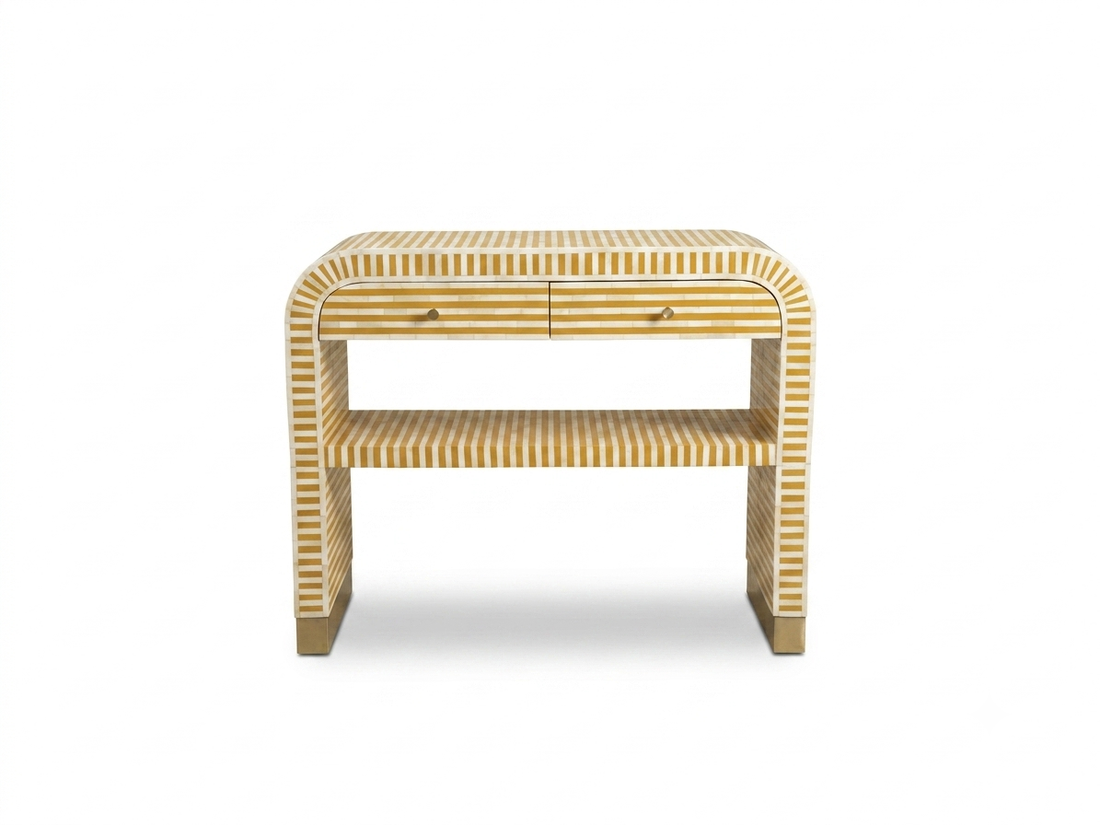 Bone Inlay Yellow 2-Drawer 1-Shelf U-Shaped Console Table with Brass Base