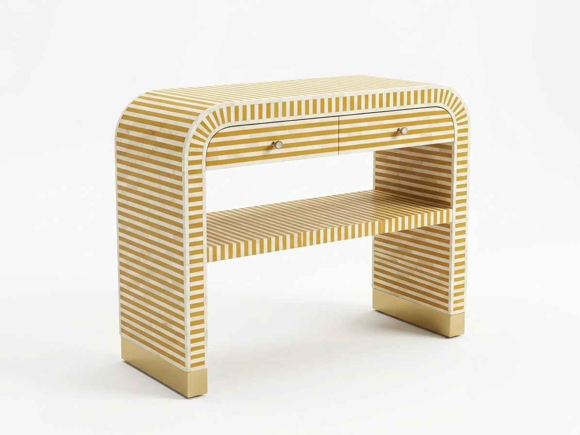 Bone Inlay Yellow 2-Drawer 1-Shelf U-Shaped Console Table with Brass Base