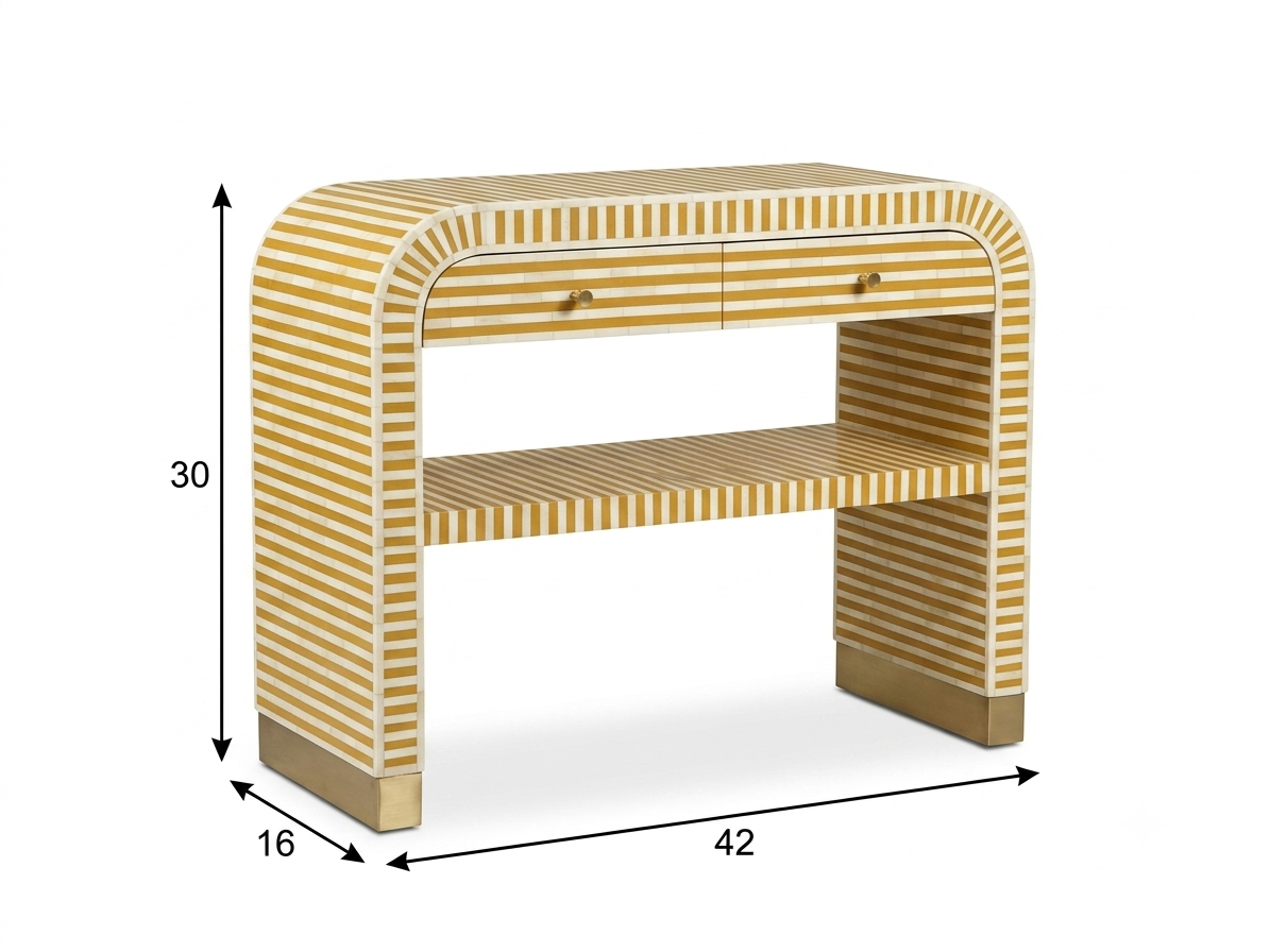 Bone Inlay Yellow 2-Drawer 1-Shelf U-Shaped Console Table with Brass Base