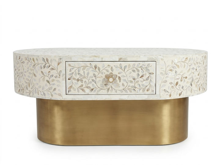 White Mother of Pearl Inlay Floral Oval Coffee Table with 1 Drawer & Brass Stand