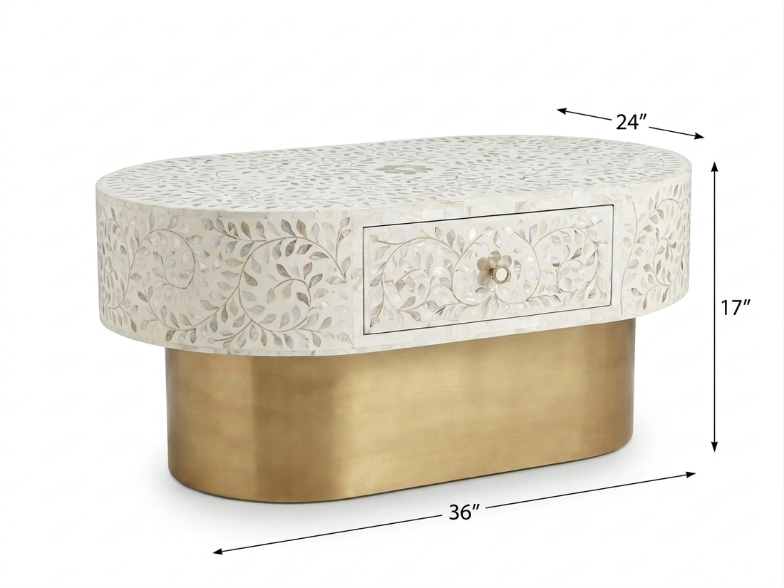 White Mother of Pearl Inlay Floral Oval Coffee Table with 1 Drawer & Brass Stand