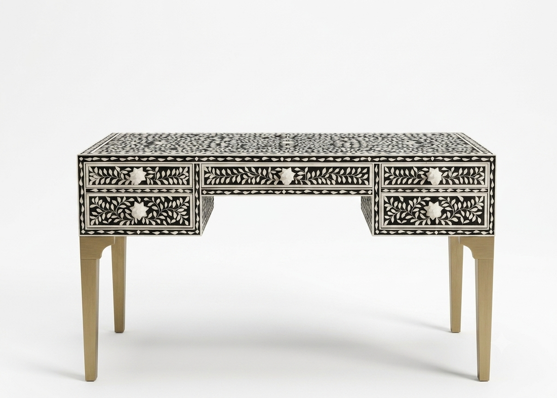 Bone Inlay Black & White 5 Drawer Writing Desk – Powder-Coated Legs