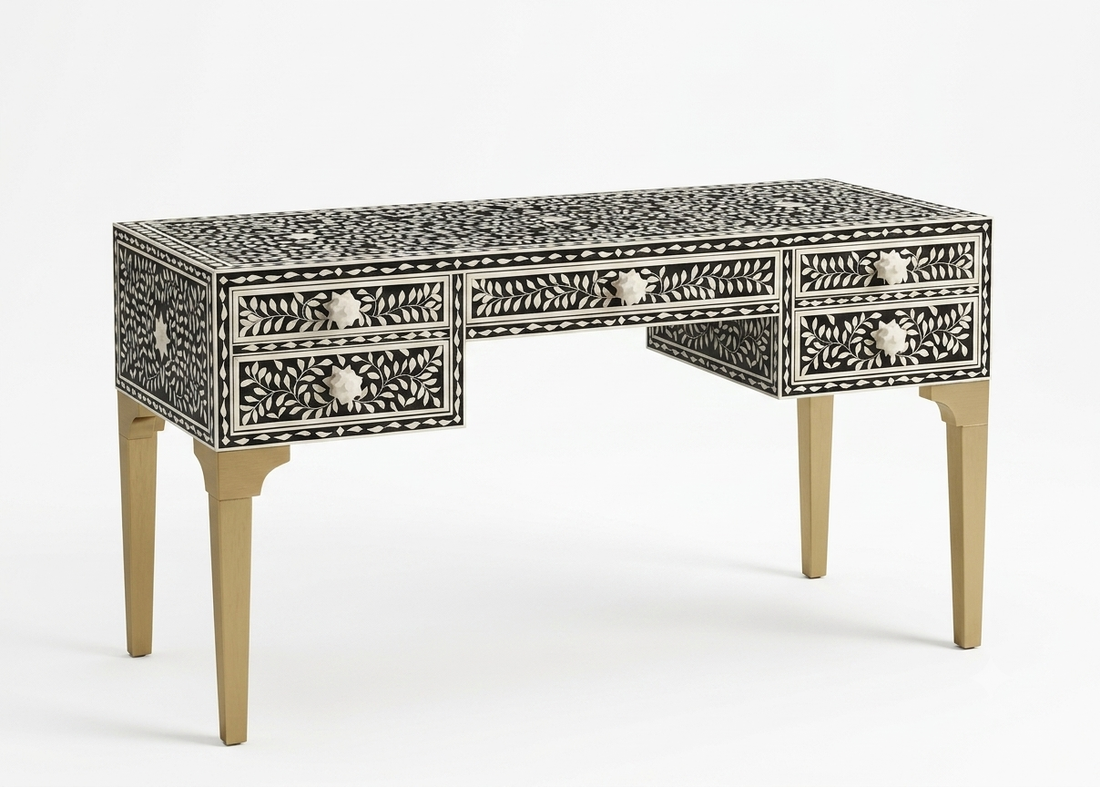 Bone Inlay Black & White 5 Drawer Writing Desk – Powder-Coated Legs