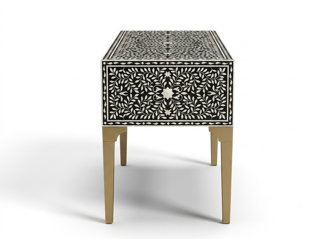 Bone Inlay Black & White 5 Drawer Writing Desk – Powder-Coated Legs