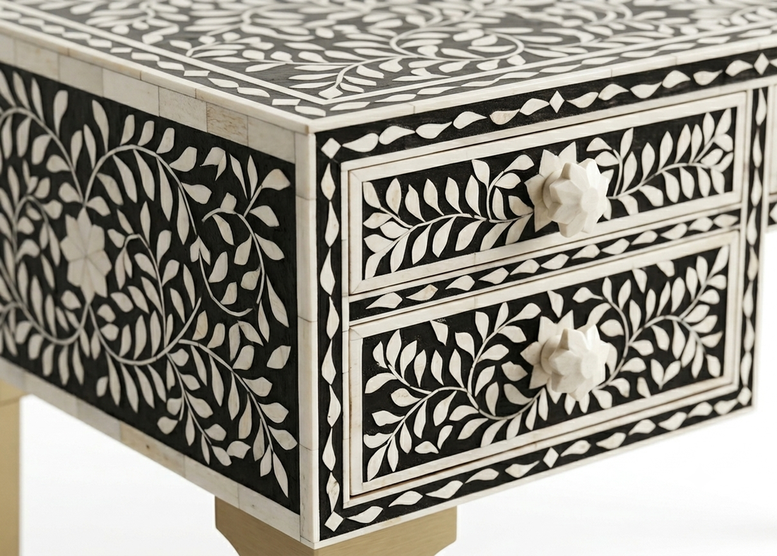 Bone Inlay Black & White 5 Drawer Writing Desk – Powder-Coated Legs