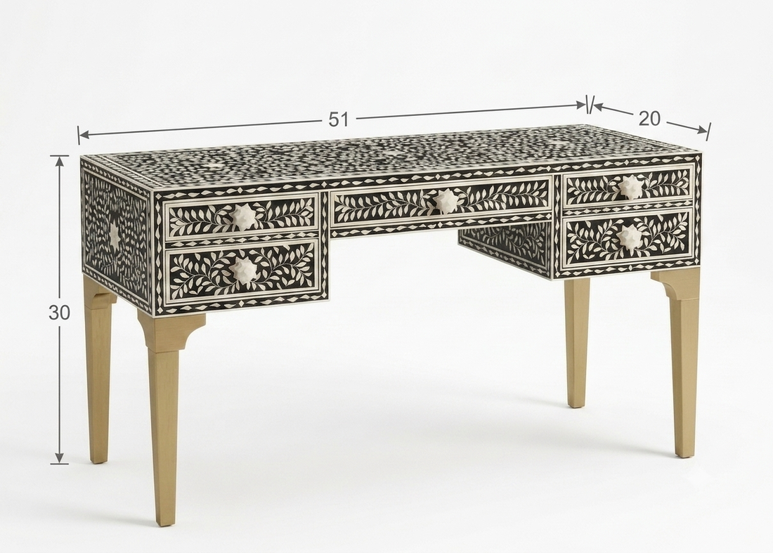 Bone Inlay Black & White 5 Drawer Writing Desk – Powder-Coated Legs