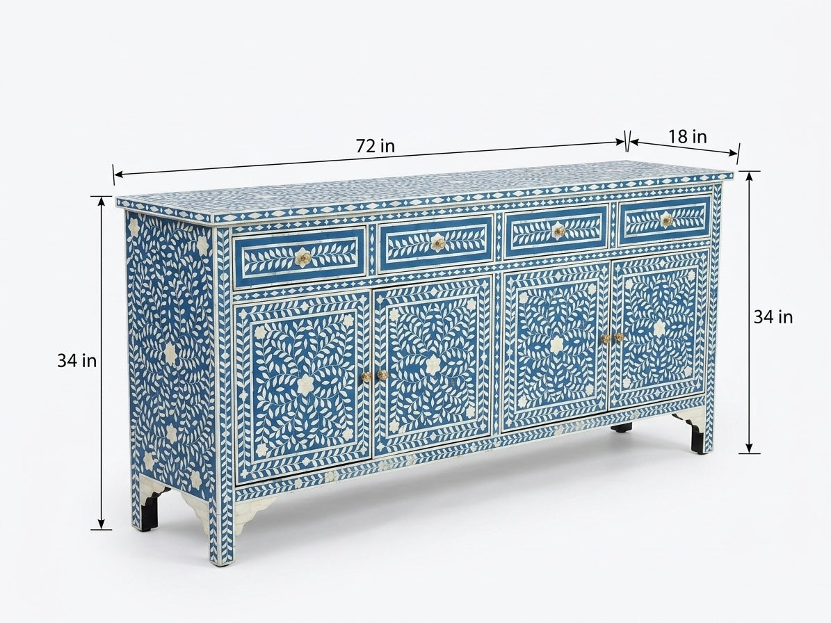 Blue & White Bone Inlay Floral 4 Drawer 4 Door Buffet Cabinet | Handmade Sideboard