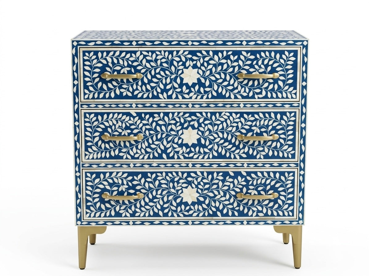 Blue & White Bone Inlay 3 Drawer Chest | Handmade Floral Chest of Drawers