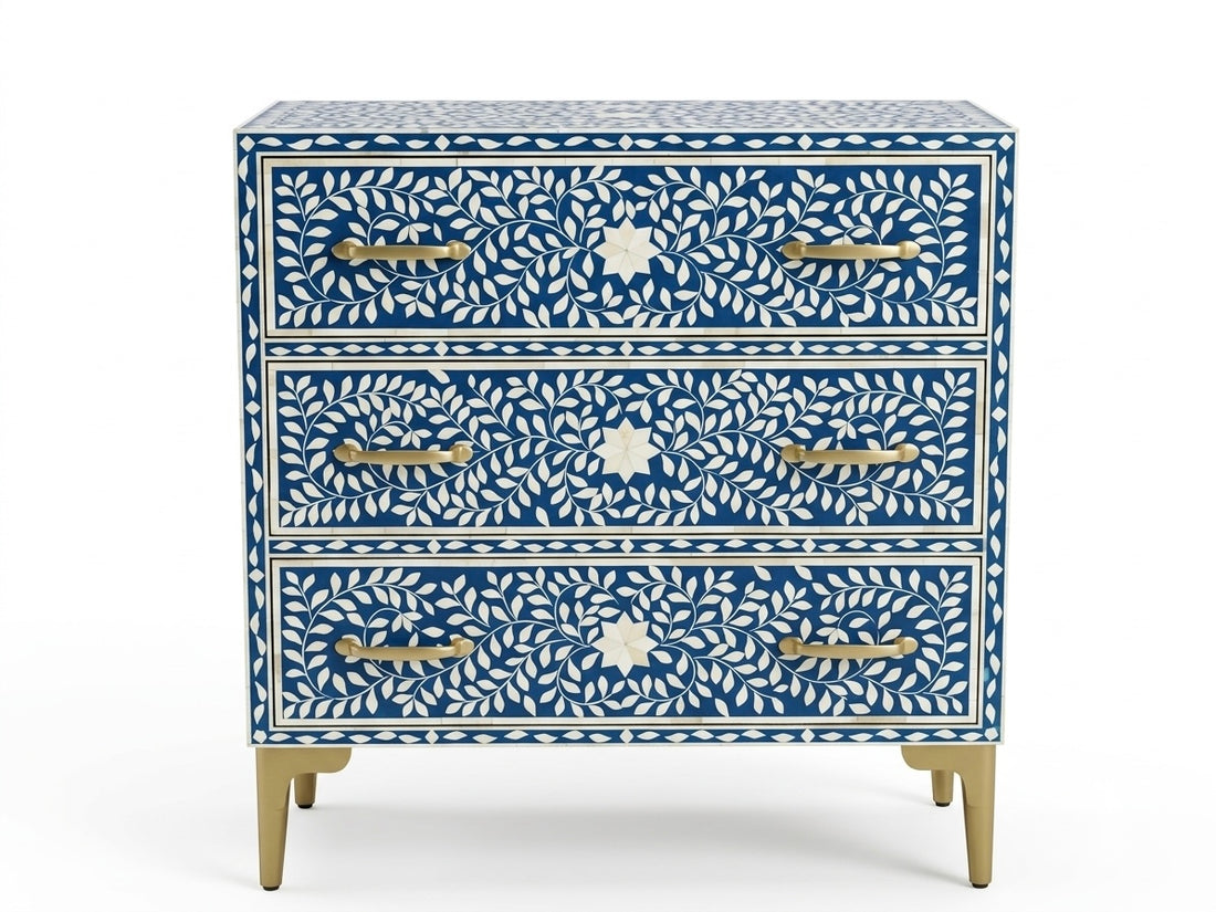Blue & White Bone Inlay 3 Drawer Chest | Handmade Floral Chest of Drawers