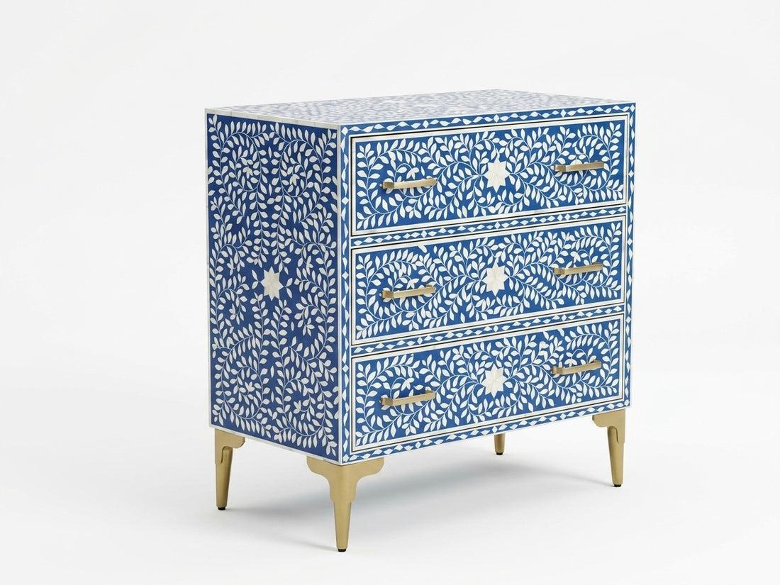 Blue & White Bone Inlay 3 Drawer Chest | Handmade Floral Chest of Drawers
