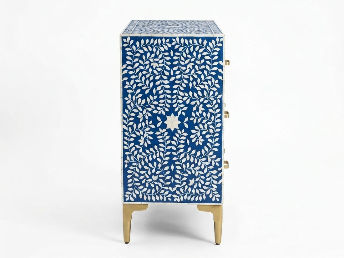 Blue & White Bone Inlay 3 Drawer Chest | Handmade Floral Chest of Drawers
