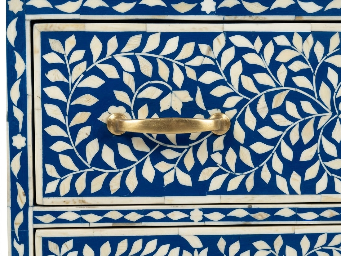 Blue & White Bone Inlay 3 Drawer Chest | Handmade Floral Chest of Drawers