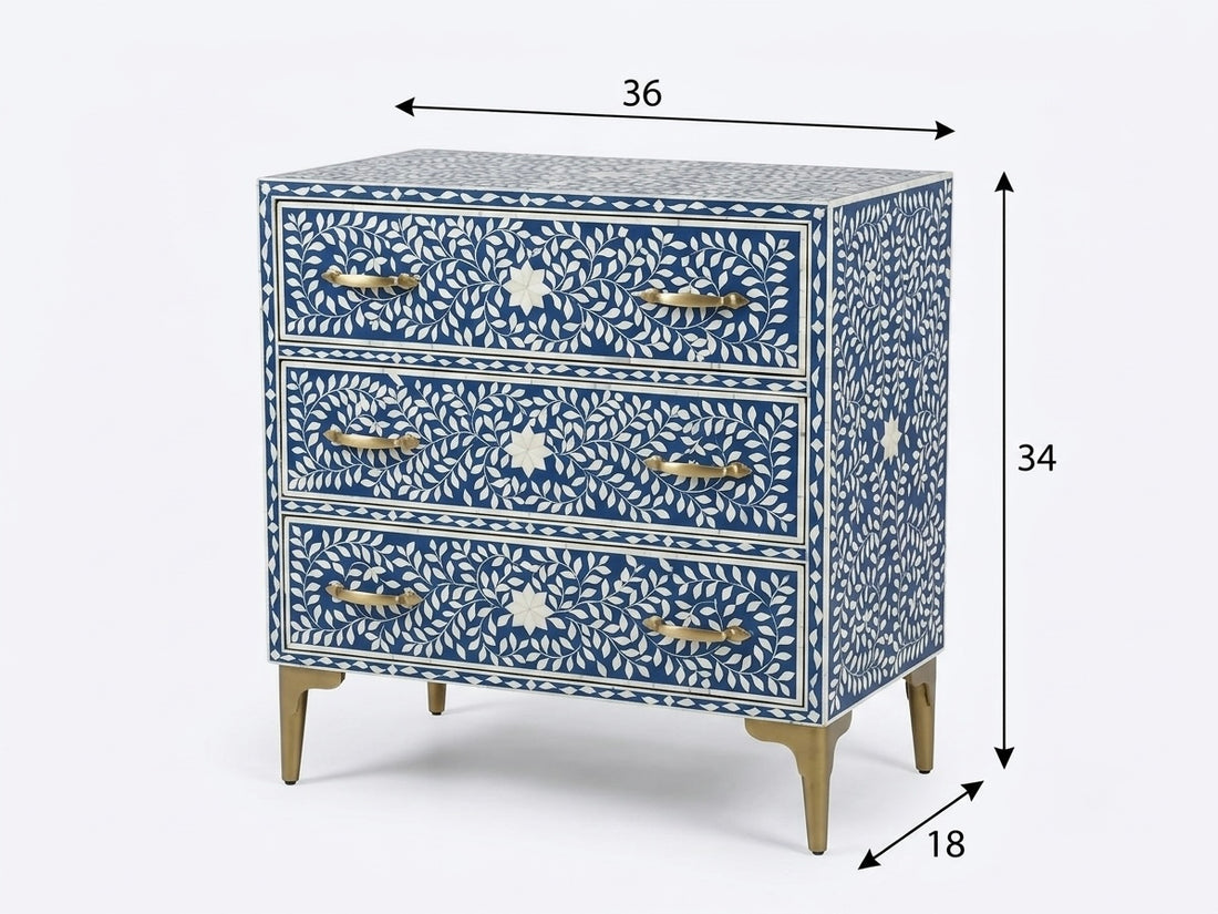 Blue & White Bone Inlay 3 Drawer Chest | Handmade Floral Chest of Drawers
