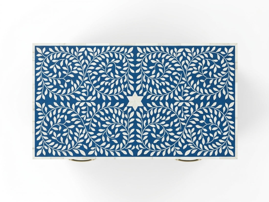 Blue & White Bone Inlay 3 Drawer Chest | Handmade Floral Chest of Drawers