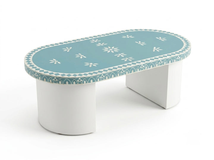 Light Blue Bone Inlay Oval Coffee Table with White Base