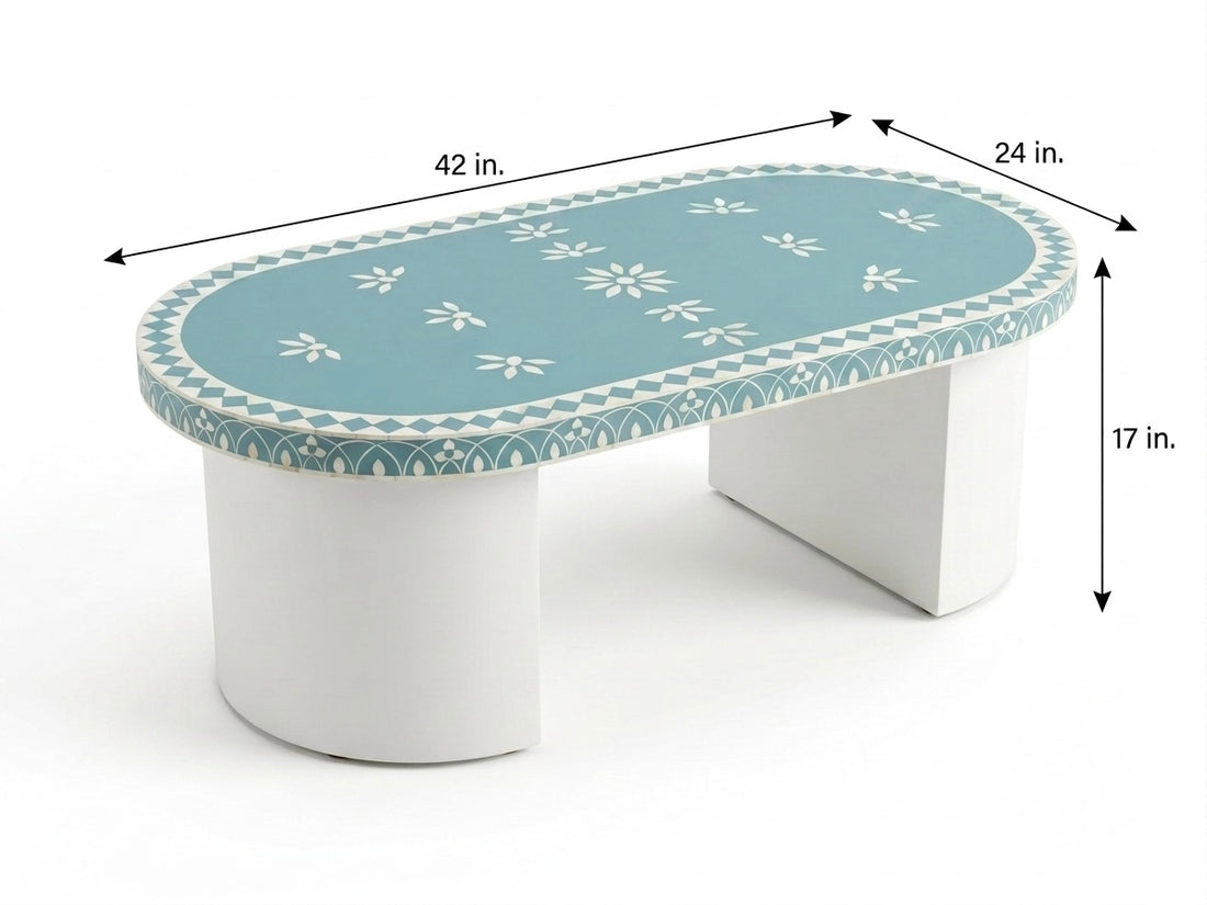 Light Blue Bone Inlay Oval Coffee Table with White Base