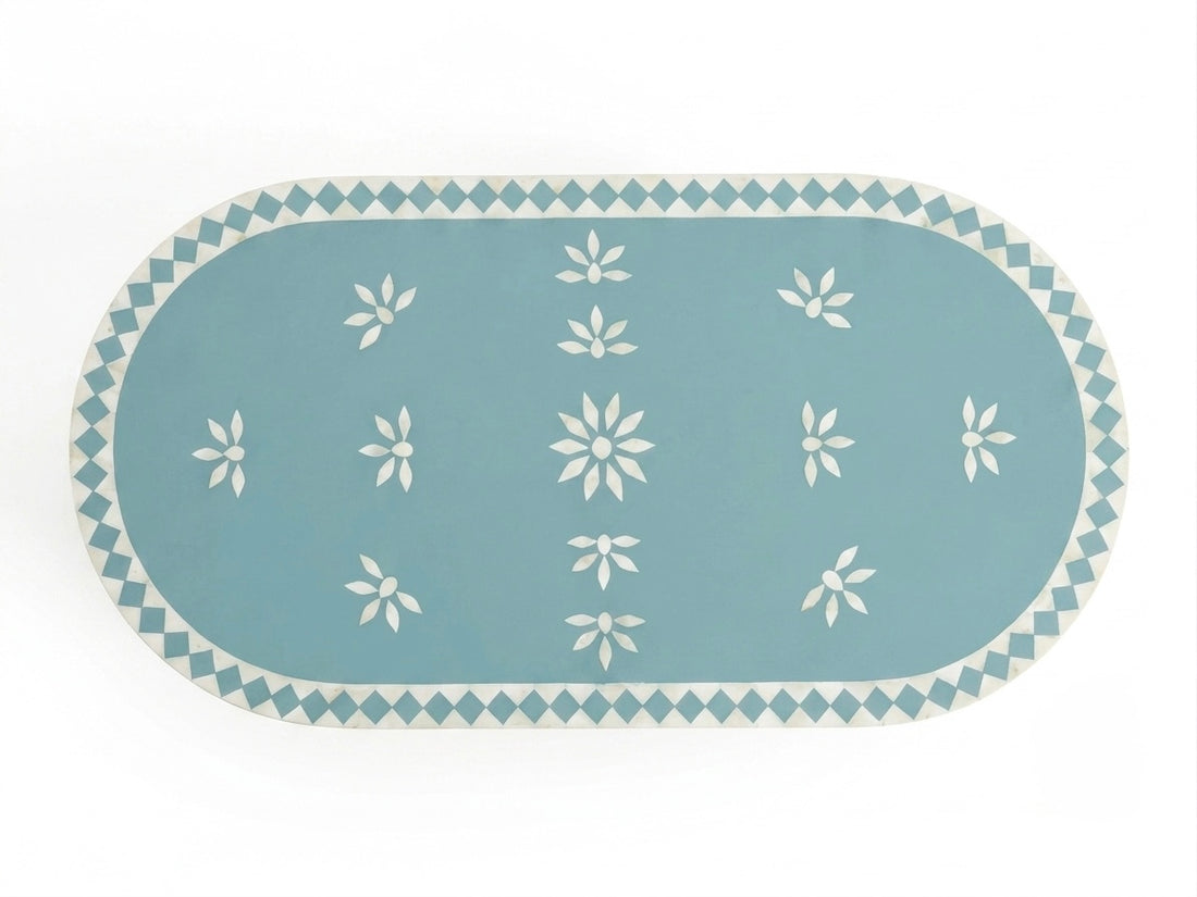 Light Blue Bone Inlay Oval Coffee Table with White Base
