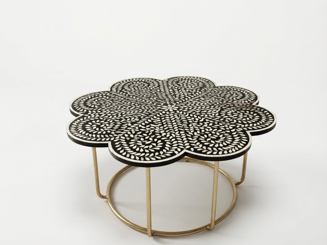 Mother of Pearl Inlay Black & White Floral Coffee Table with Gold Powder-Coated Stand