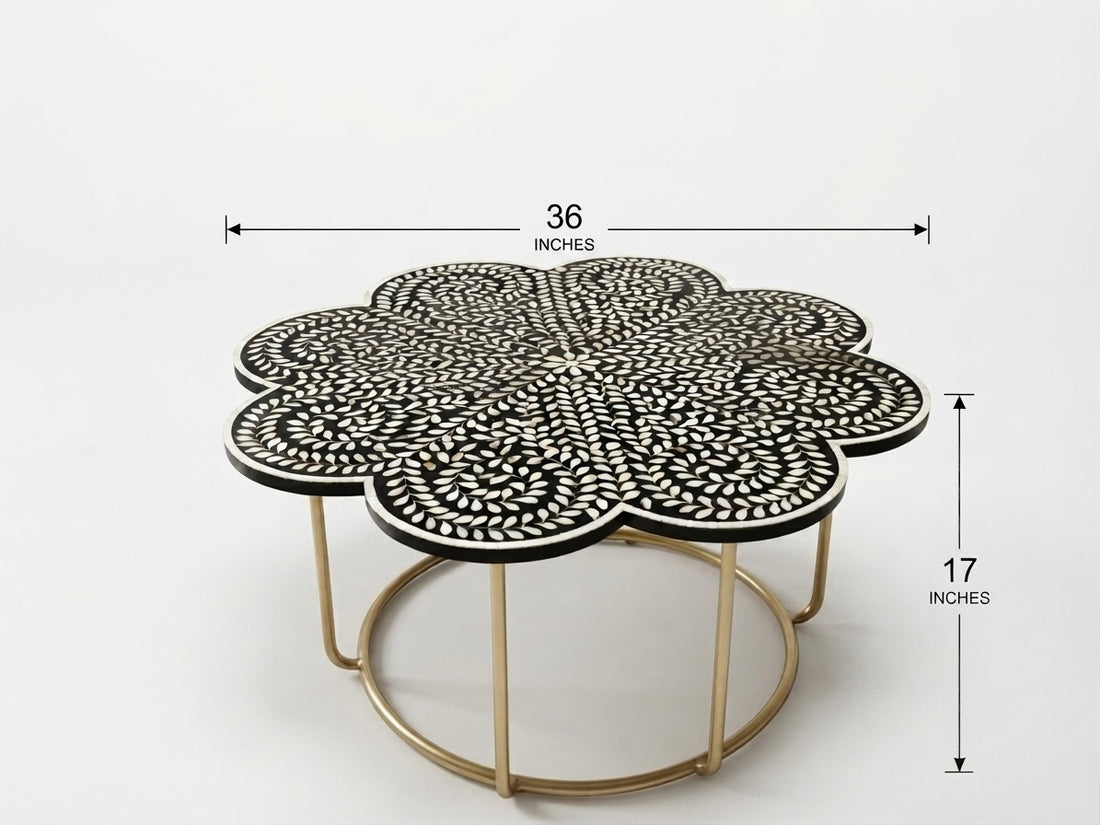 Mother of Pearl Inlay Black & White Floral Coffee Table with Gold Powder-Coated Stand