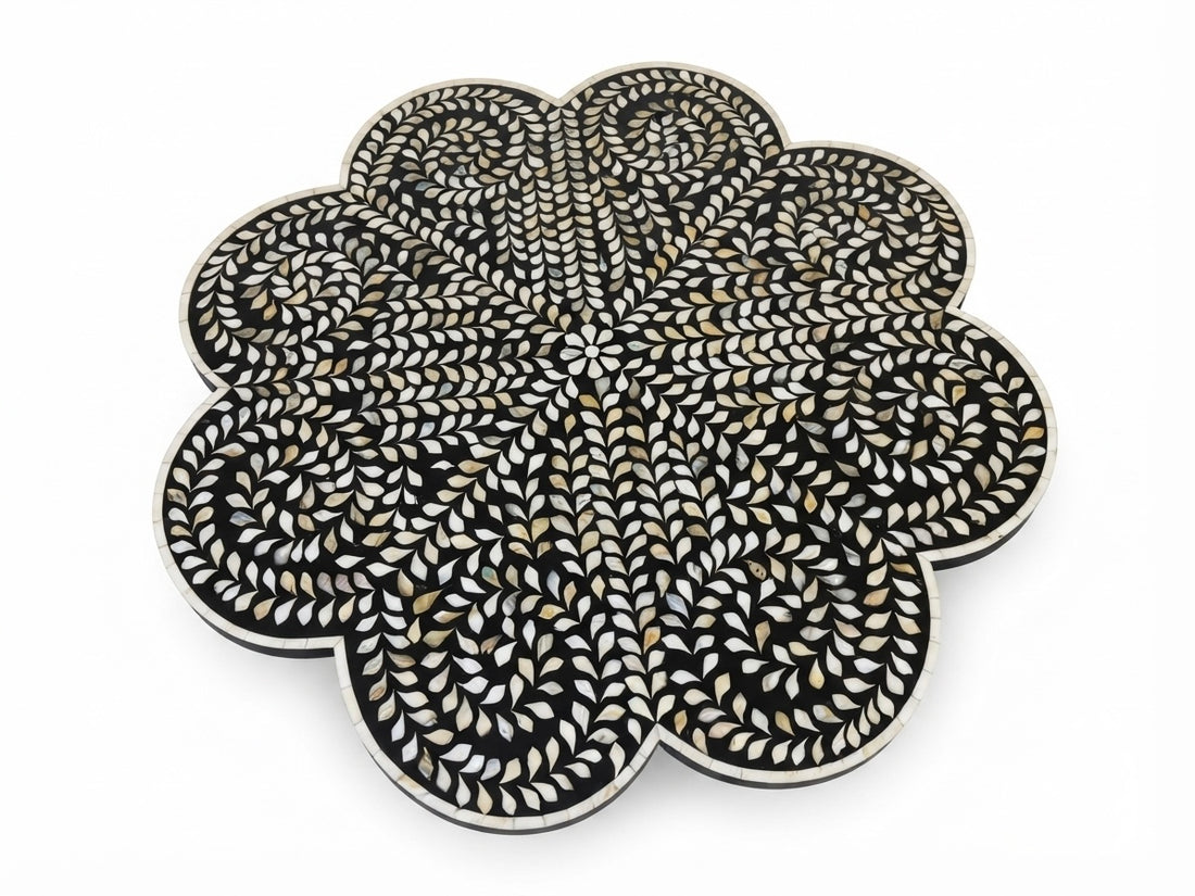 Mother of Pearl Inlay Black & White Floral Coffee Table with Gold Powder-Coated Stand