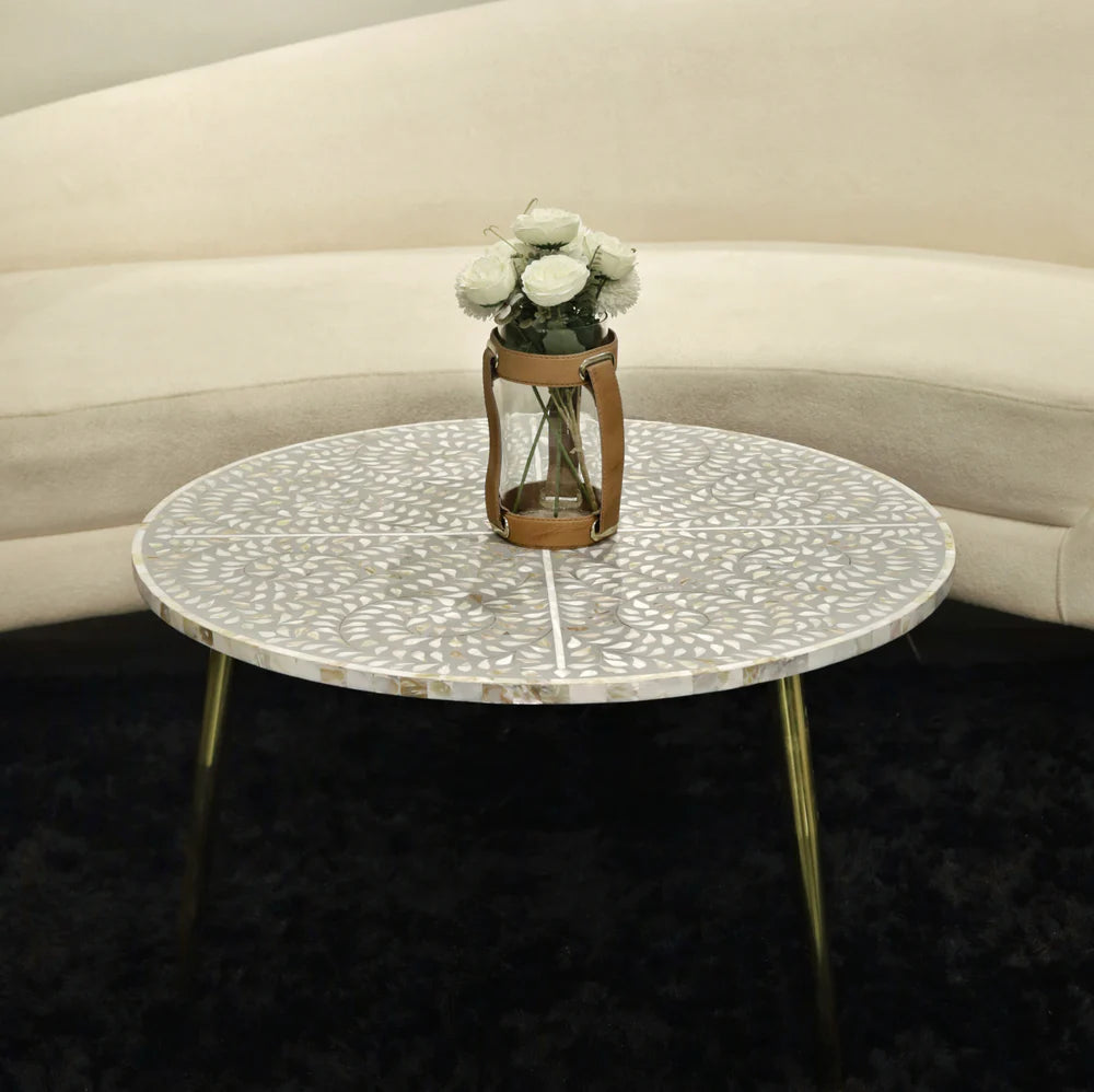 bone inlay India, mother of pearl inlay round coffee table living room table mop inlay furniture