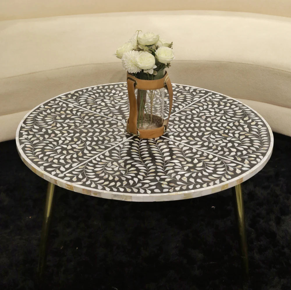 bone inlay India, mother of pearl inlay round coffee table living room table mop inlay furniture