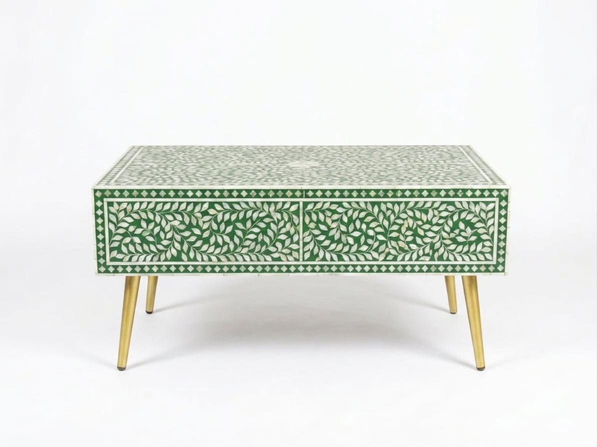 Mother of Pearl Inlay Green & White 1-Drawer Coffee Table with Brass Legs