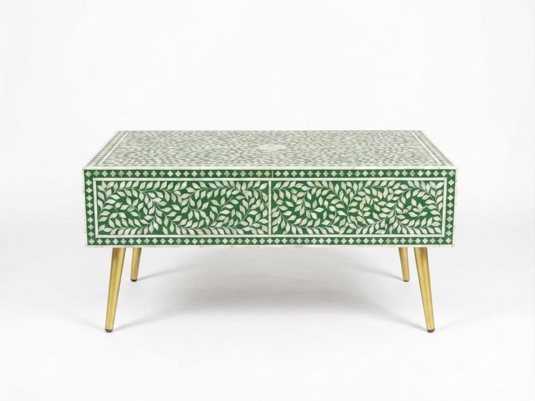 Mother of Pearl Inlay Green & White 1-Drawer Coffee Table with Brass Legs