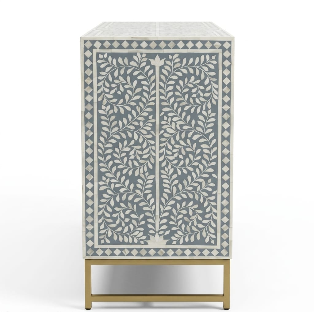 Grey & White Bone Inlay 6 Drawer Dresser Chest with Floral Design