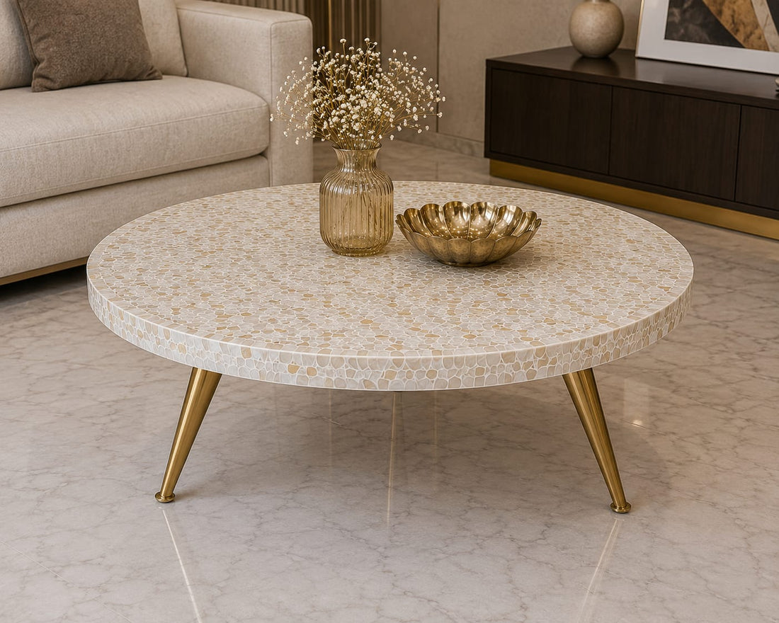 coffee tableRound Mother of Pearl Inlay Coffee Table, Handmade Luxury Accent Table with Gold Metal Legs