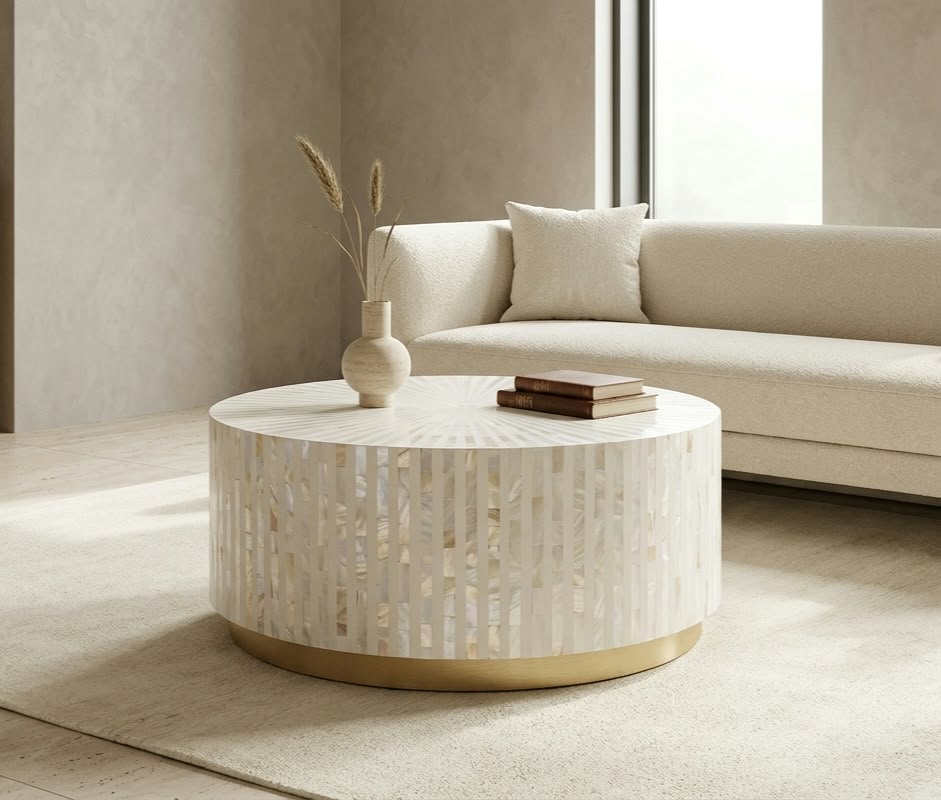 Mother of Pearl Inlay Round Coffee Table, Black and White Floral Design with Brass Base
