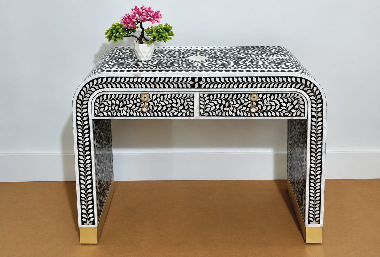 Mother of Pearl Inlay 2 Drawer Console Table, Black and White U Shape Design