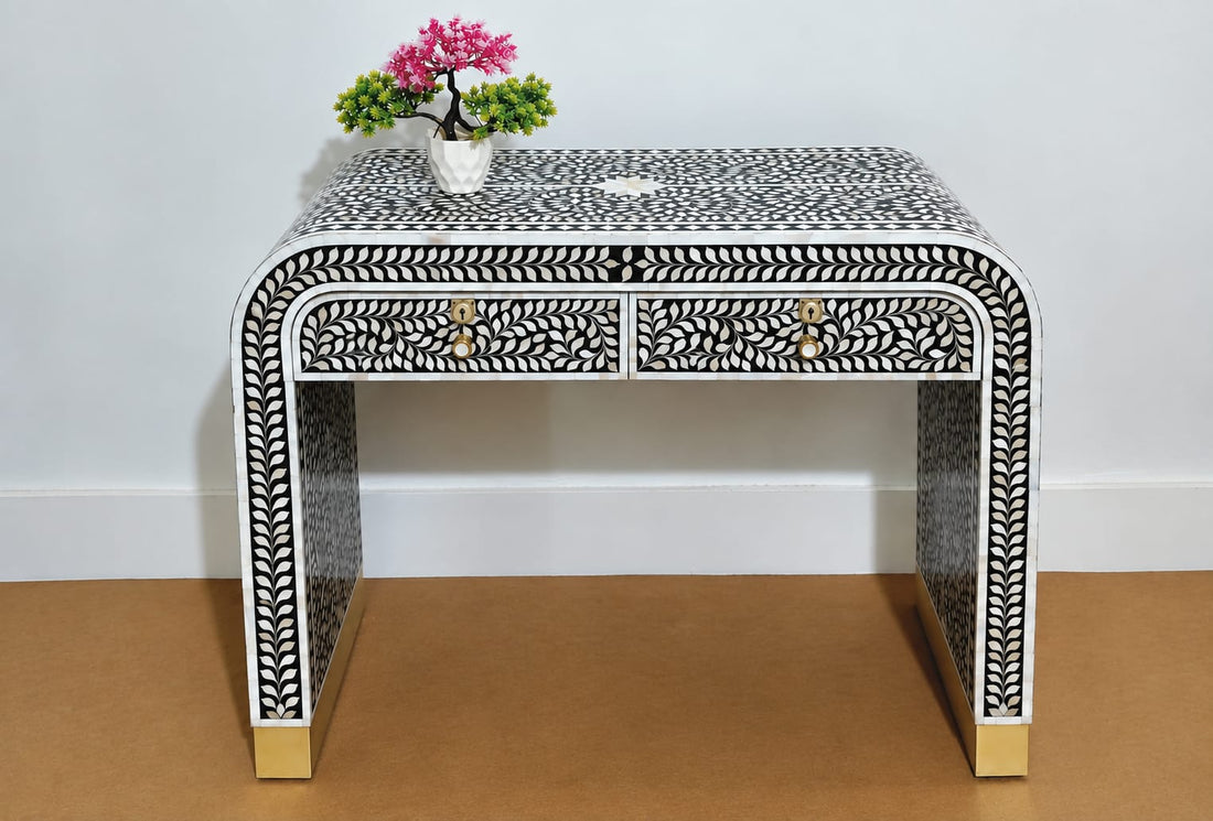 Mother of Pearl Inlay 2 Drawer Console Table, Black and White U Shape Design