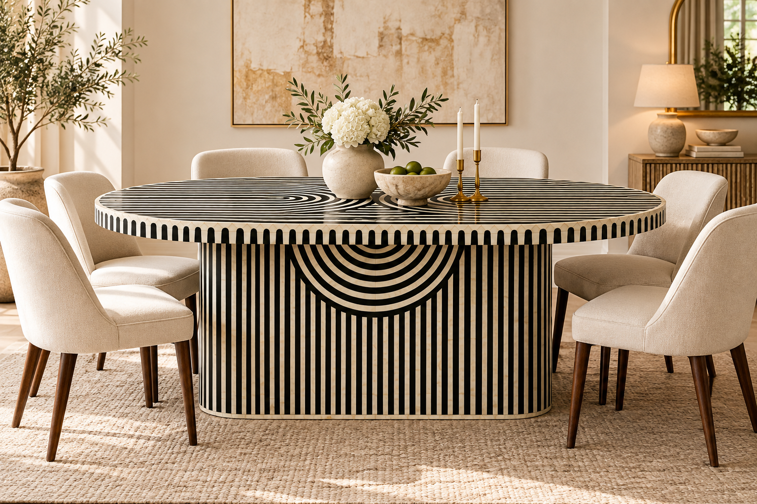 Black Bone Inlay Oval Dining Table with Geometric Pattern