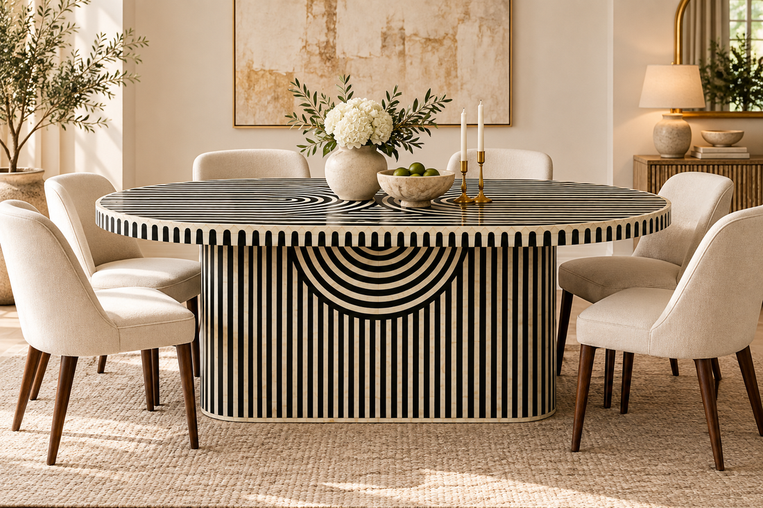 Black Bone Inlay Oval Dining Table with Geometric Pattern