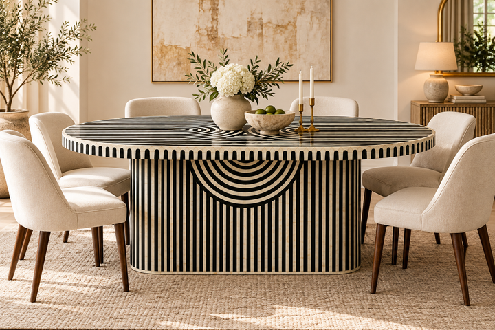 Black Bone Inlay Oval Dining Table with Geometric Pattern
