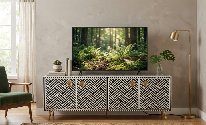 Black Bone Inlay Optical Design 4 Door TV Unit Media Cabinet
