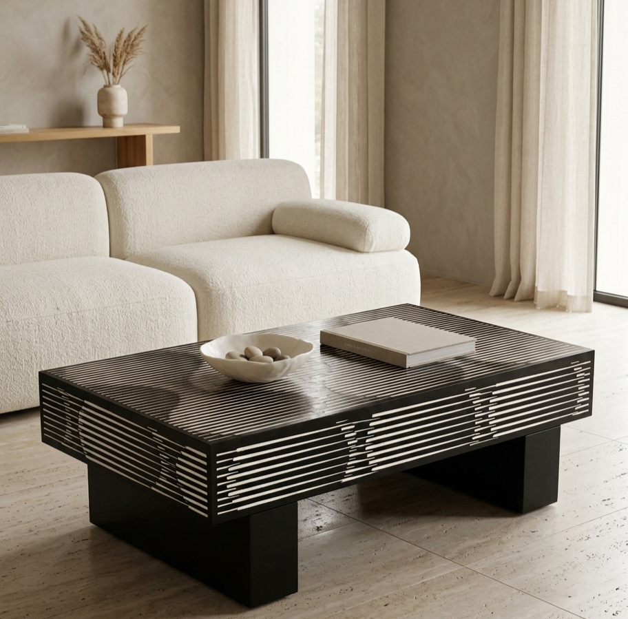 Black Bone Inlay rectangular coffee table with brass legs