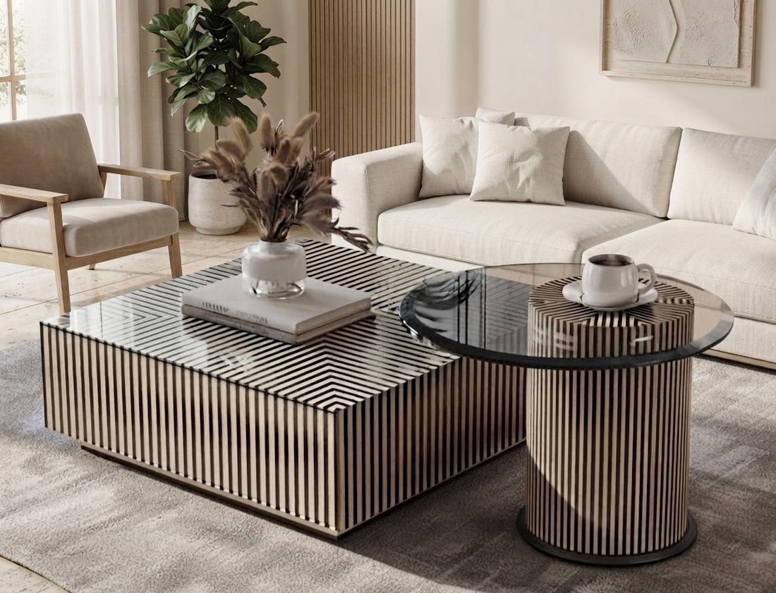 Black and white Bone Inlay square coffee table with round side table, grey glass tops and striped design