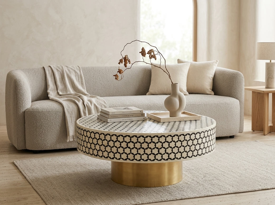 Handmade Black Bone Inlay Targua Round Coffee Table with Brass Base for Living Room