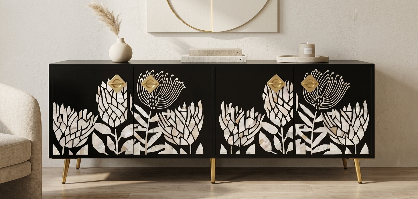 Black Mother of Pearl inlay 4 door TV unit with floral design and gold hardware