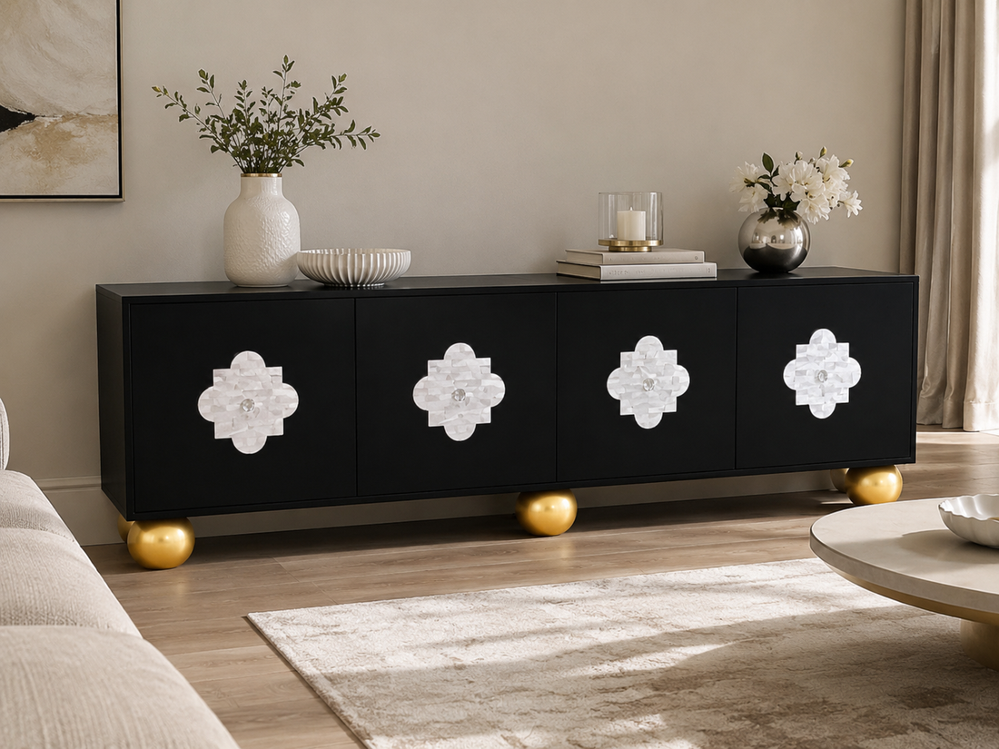 Black mother of pearl inlay 4-door TV unit media cabinet with white geometric floral motifs