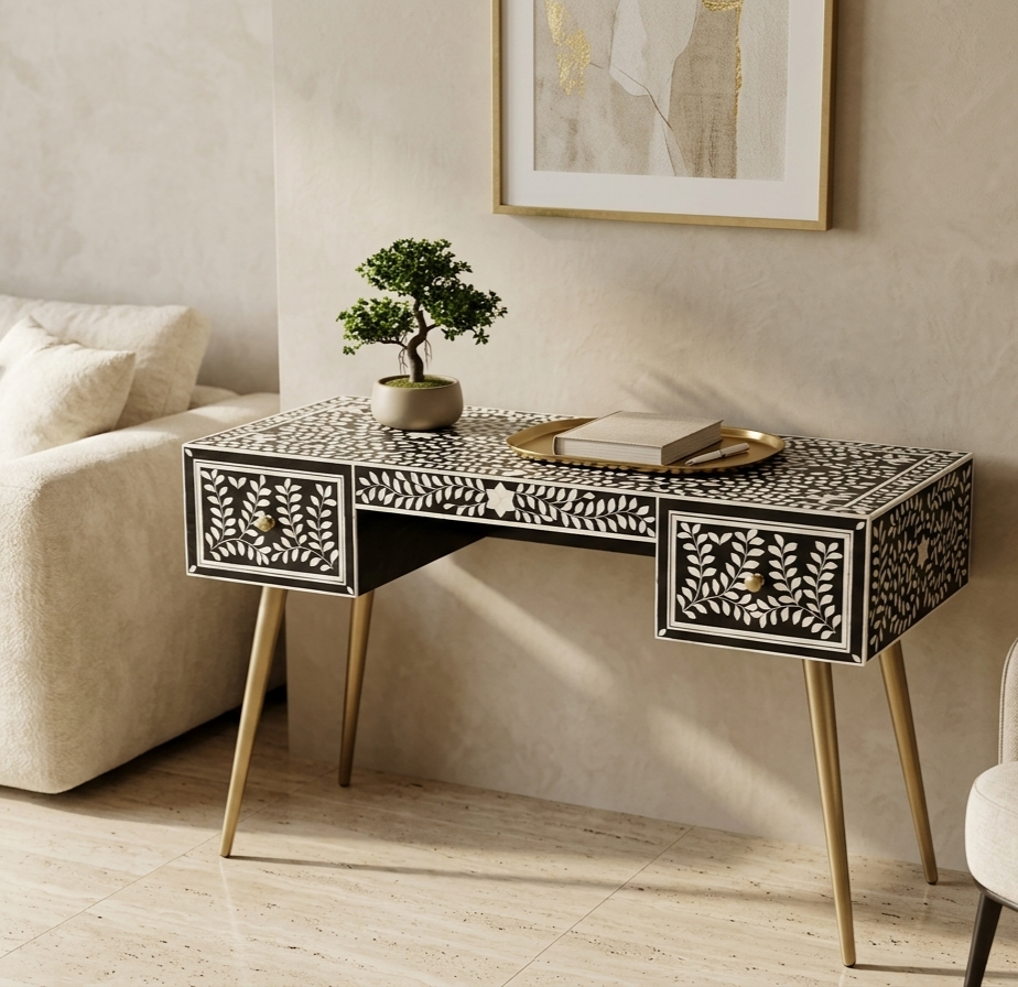 Black and white bone inlay 2 drawer work desk with gold powder-coated legs