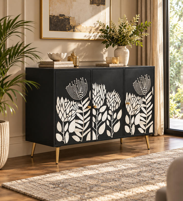 Black and white Bone Inlay 3 door 3 drawer cabinet chest with white floral pattern and golden-finish legs