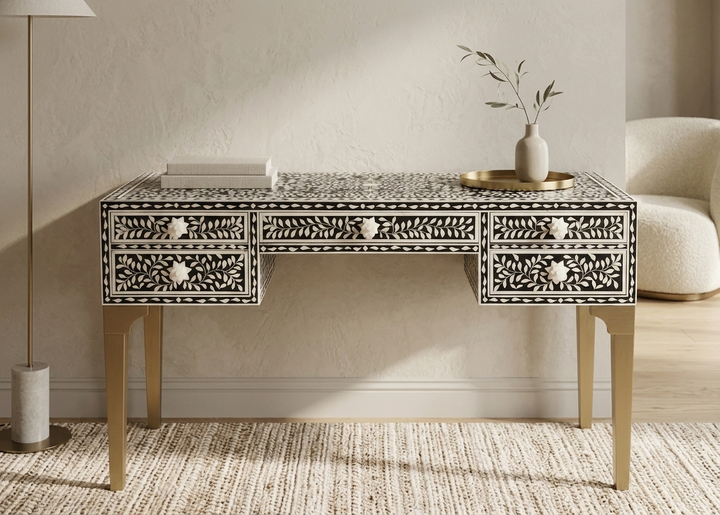 Black and white bone inlay writing desk with five drawers and powder-coated legs