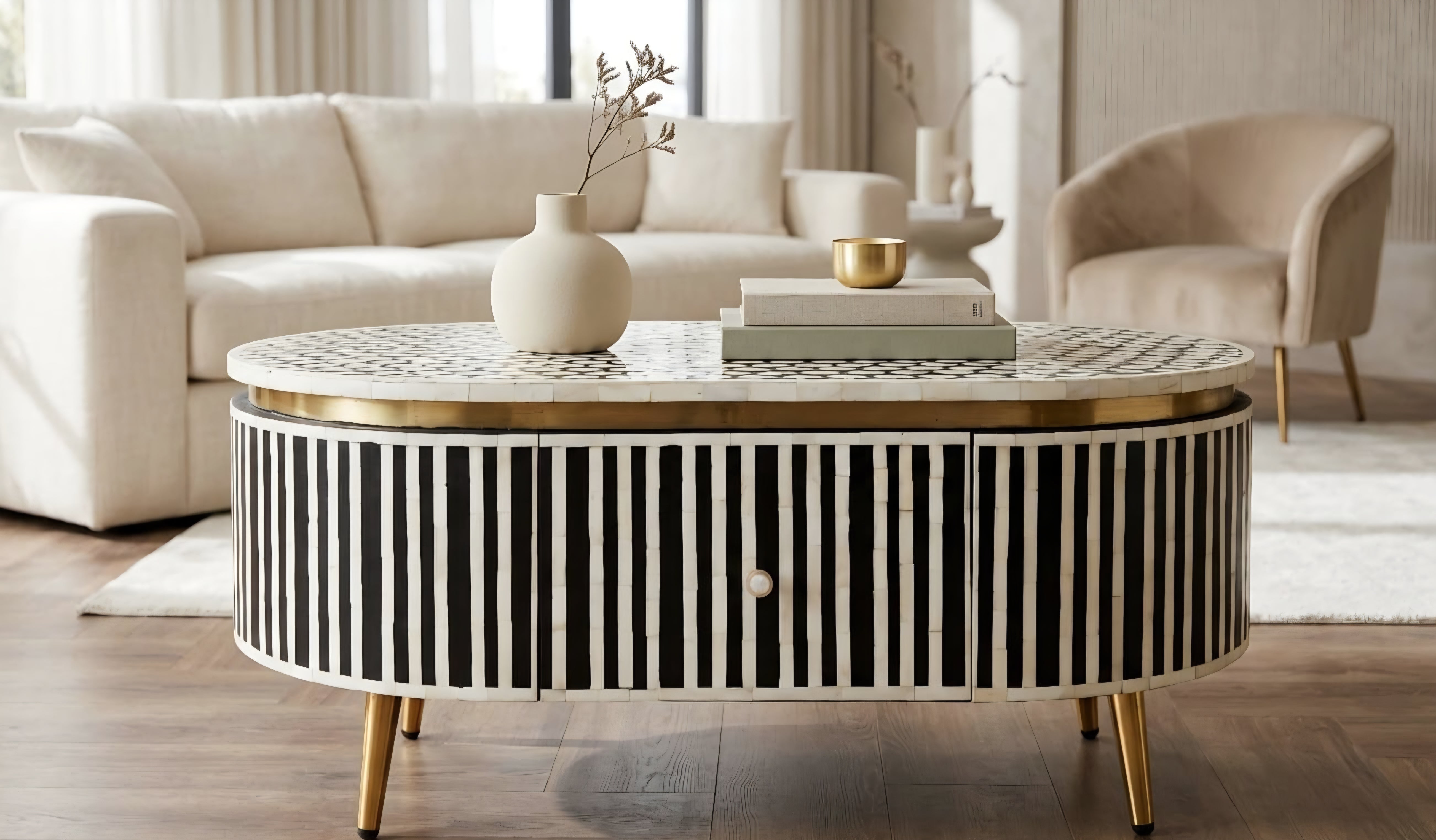 Black and white bone inlay oval coffee table with two drawers and gold-tone legs