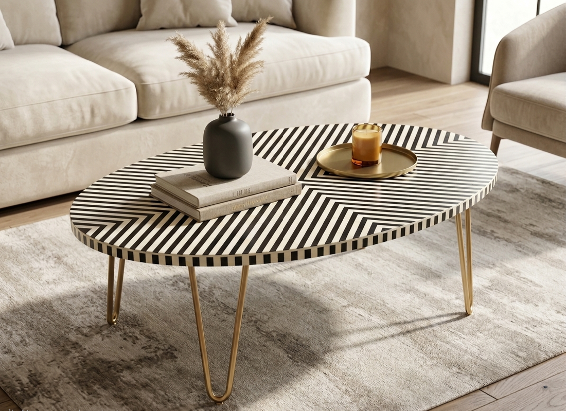 Black and white bone inlay oval coffee table with geometric stripe pattern and gold-tone metal legs