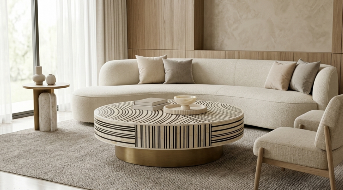 Black & White Bone Inlay Round Coffee Table with Brass Base