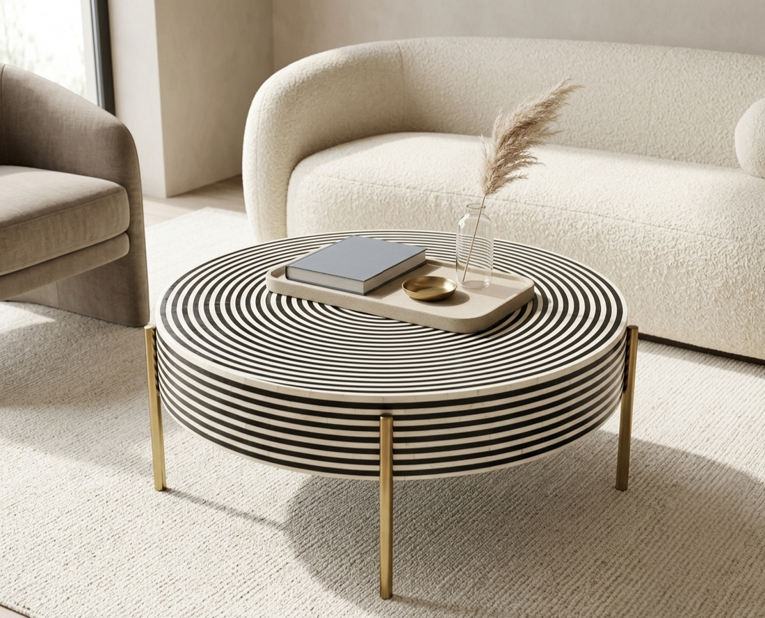 Handmade Black and White Bone Inlay Round Coffee Table with Gold Powder Coated Legs