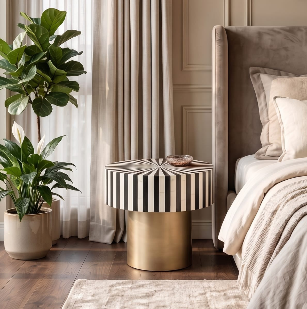 Black and white Bone Inlay round side table with radial striped tabletop and cylindrical brass-finish base